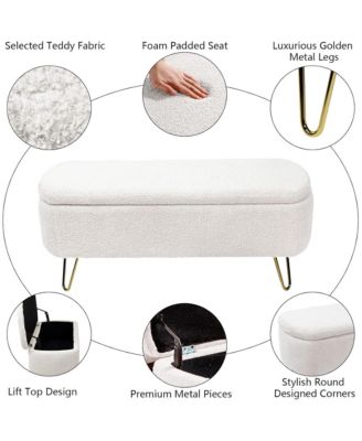 Modern Storage Ottoman Bench - Oval Faux Fur Entryway Bench, End of Bed Bench with Legs for Living Room, Bedroom