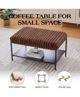 30.7" Wide Upholstered Ottoman, Faux Fur Footstool with Wooden Open Storage Shelf and Black Metal Legs for Living Room