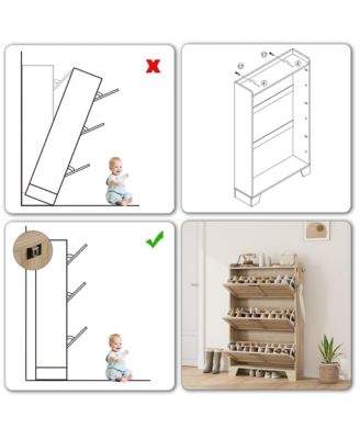 Shoe Cabinet Storage for Entryway, Narrow Shoe Cabinet with 3 Flip Drawers, Freestanding Hidden Slim Shoe Organizer Cabinet with Hooks
