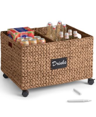 Rolling Pantry Storage Basket Organizer W/ Chalkboard Label, Handles, Removable Divider - Chestnut