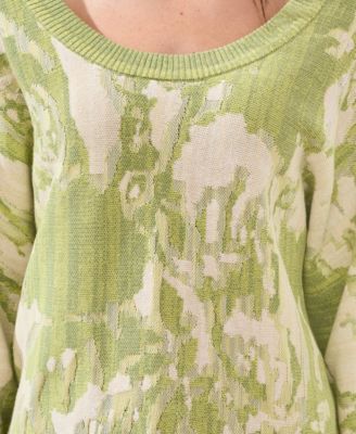 Women's U-Neck Jacquard Three-Quarter-Sleeve Sweater