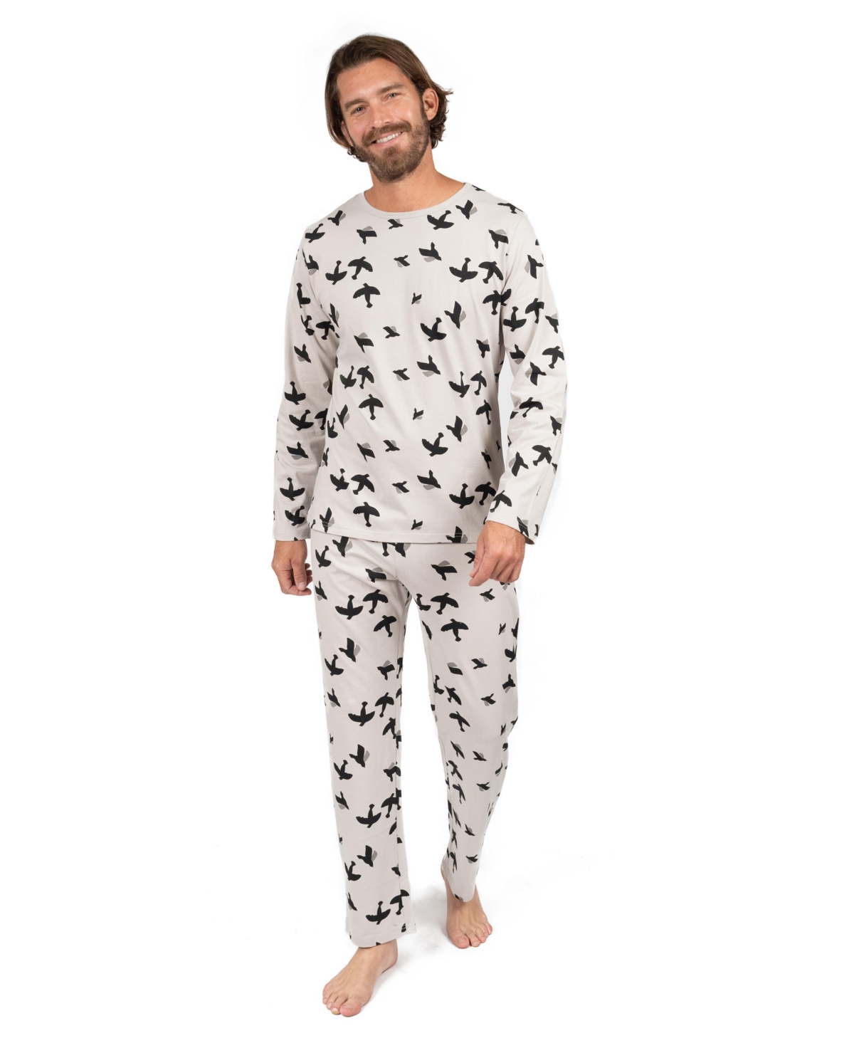 Leveret Men's Matching Family Two Piece Cotton Long Sleeve Loose Fit Pajamas - Bird light grey