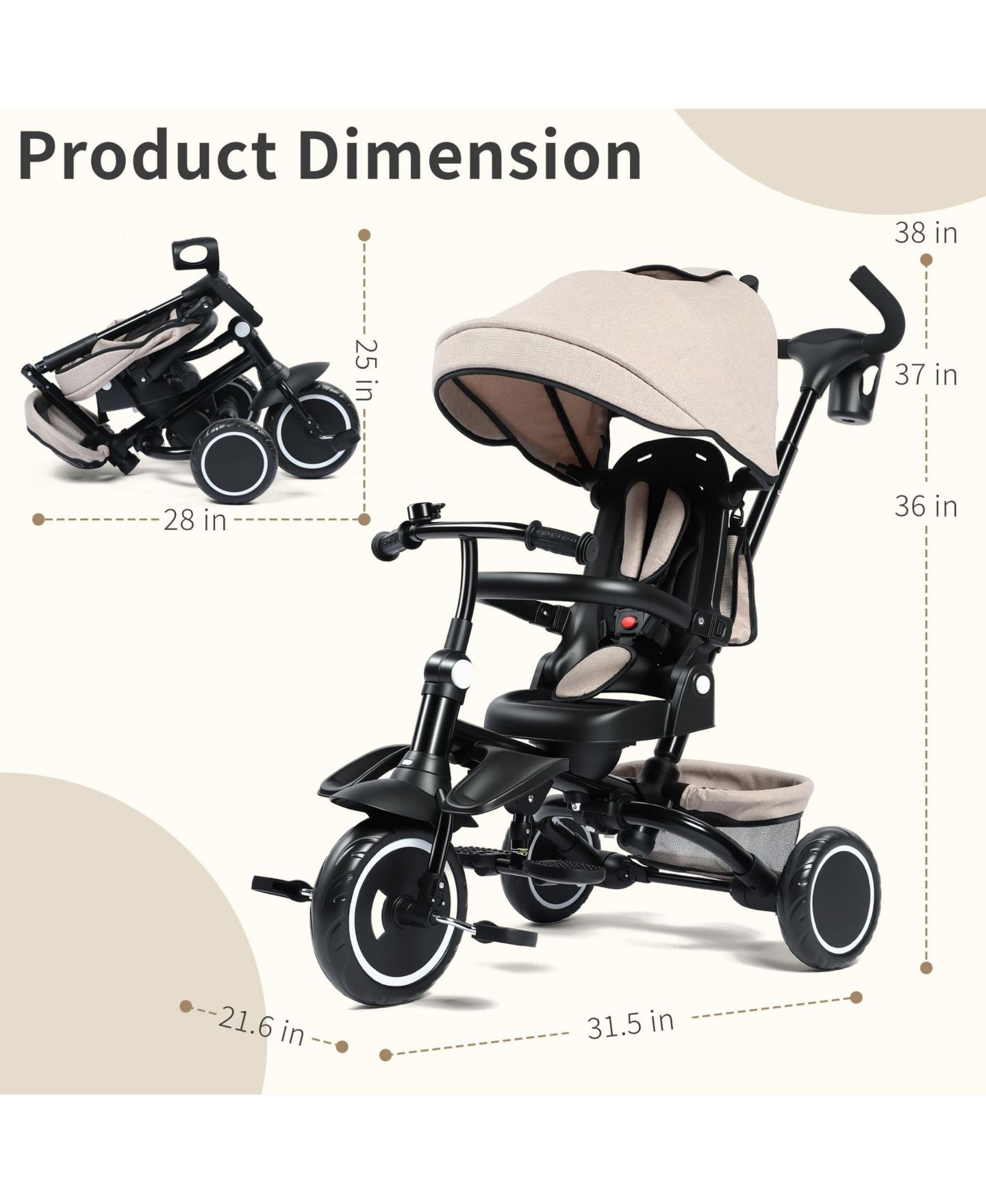 Детская игрушка Kinder King 7-in-1 Toddler Tricycle Stroller with Rotating Seat and Adjustable Push Handle, Ages 9 Months to 5 Years, цвет: Бежевый / Хаки — фото 5