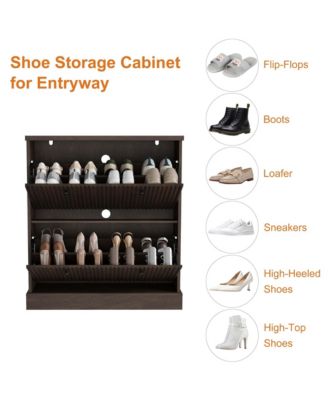 Fluted Shoe Cabinet with 2 Flip Drawers, Hidden Wooden Shoe Cabinet with Adjustable Shelf, Freestanding Shoe Storage Cabinet
