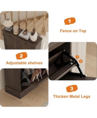 Fluted Shoe Cabinet Storage with 3 Flip Drawers, Wooden Fluted Narrow Shoe Organizer with Adjustable and Removable Shelves