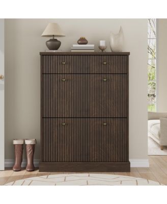 Fluted Shoe Storage Cabinet with 2 Flip Drawers and Top Drawer, 42" Tall Narrow Shoe Organizer, Curved Profile Design
