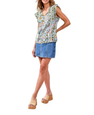 Women's Mixed Media Cap-Sleeve Printed Top 