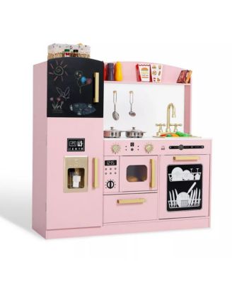 Wooden Pretend Play Kids Kitchen, Toy Kitchen Playset w/Oven, Microwave for Boys Girls Age 3+
