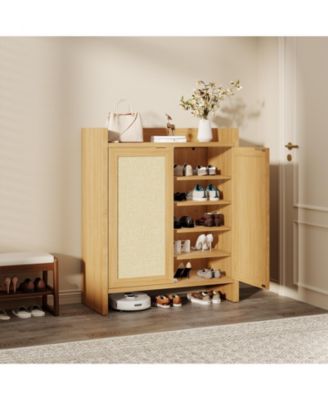 Rattan Shoe Cabinet with Doors, 41" Wooden Storage Rack with Adjustable Shelves and Doors, Perfect for Entryway, Hallway, Living Room