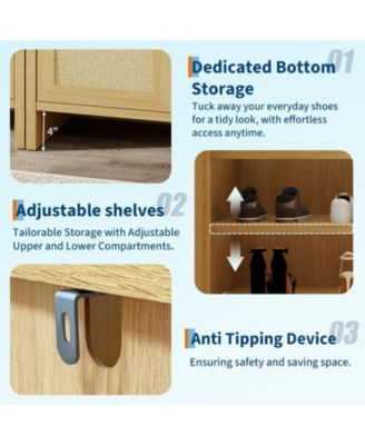 Rattan Shoe Cabinet with Doors, 41" Wooden Storage Rack with Adjustable Shelves and Doors, Perfect for Entryway, Hallway, Living Room