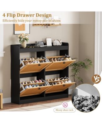 2Pcs Shoe Cabinet Rattan with 4 Flip Drawers, Wooden Freestanding Shoe Organizer with Adjustable Shelves, Shoe Storage for Entryway