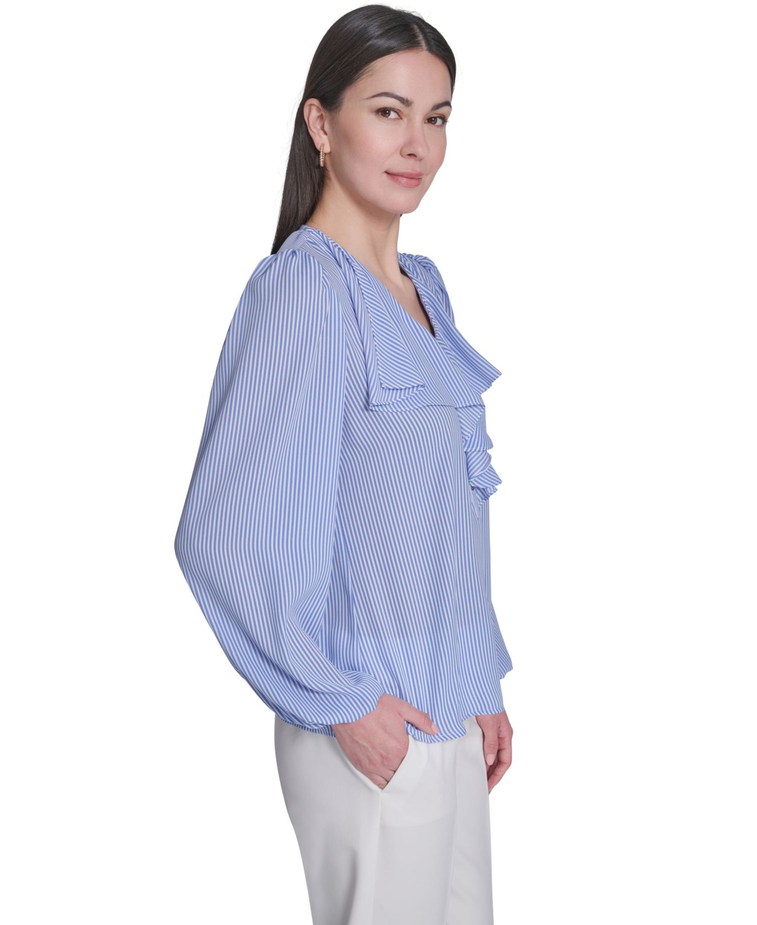Women's V-Neck Striped Ruffle Blouse
