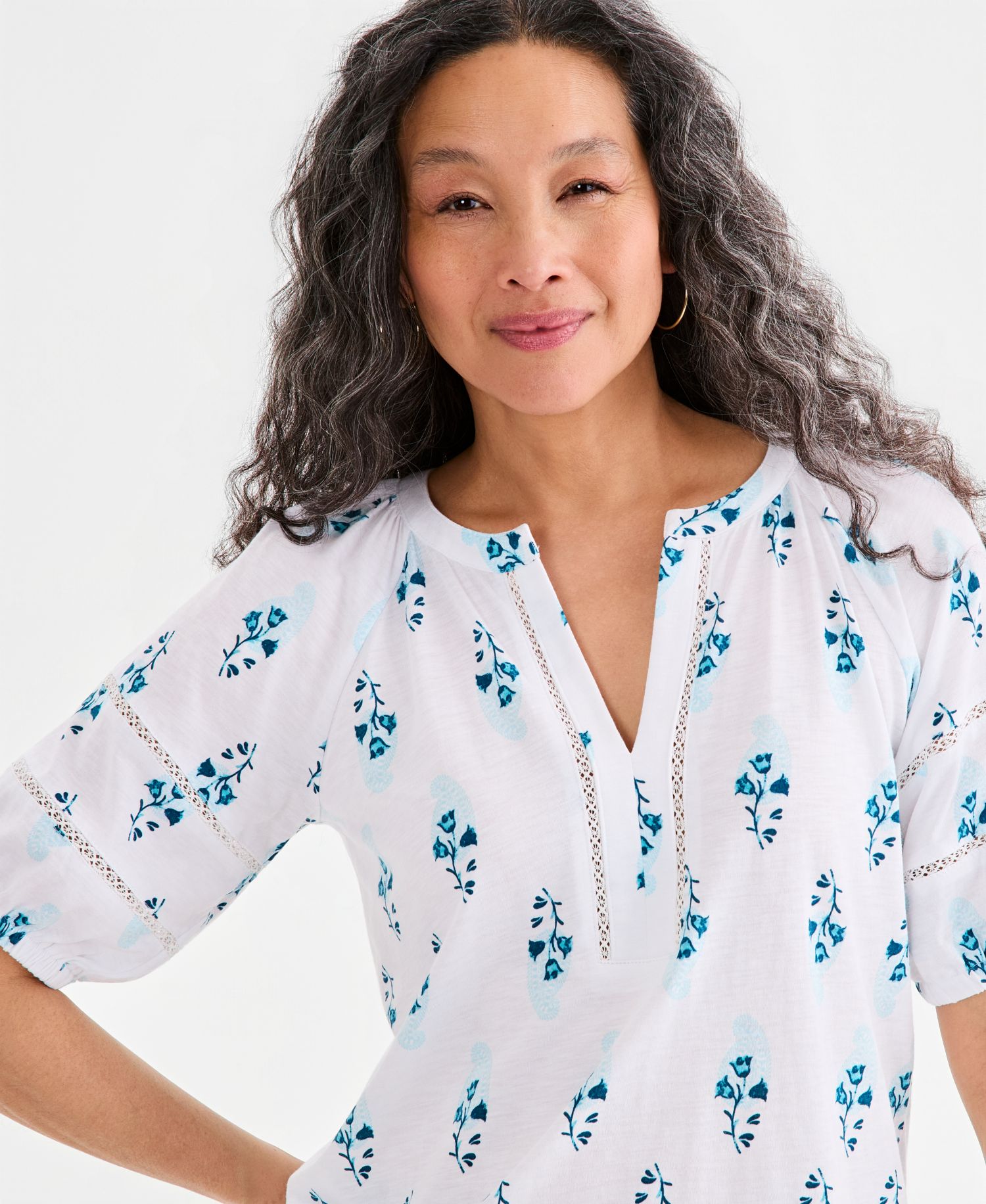 Petite Elbow-Length Sleeve Split Neck Top