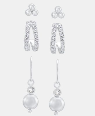 Silver-Tone Stud, Hoop and Drop Earrings, Set of 3