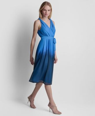 Women's Sleeveless Faux Wrap Surplice Neck Ombre Midi Dress