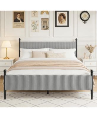King Size Upholstered Bed Frame, Velvet Headboard, Corduroy Platform with Wood Slats, Heavy Duty Feet, Noise-Free