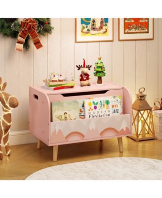 Kids Wooden Toy Box with Front Bookshelf and Solid Wood Legs