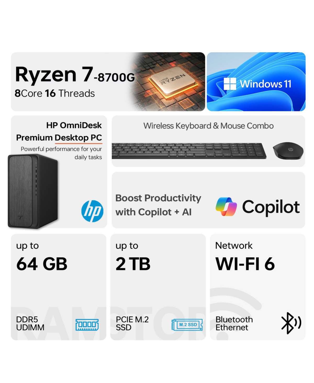 Hp OmniDesk Tower Desktop Amd Ryzen 7 64GB Ram Amd Radeon Graphics 2TB Ssd Storage Windows 11 Pro