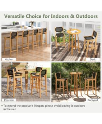 30 in Rattan Teak Wood Bar Stool with Backrest and Footrest