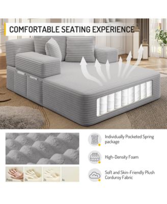 Plush Corduroy Convertible Chaise Chair, Sofa Bed with Storage Pocket and 3 Pillows, Frameless Design and Compression Foam for Living Room