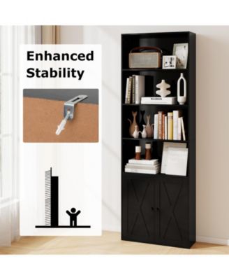 Tall Freestanding Bookshelf with Cabinet and Open Shelves