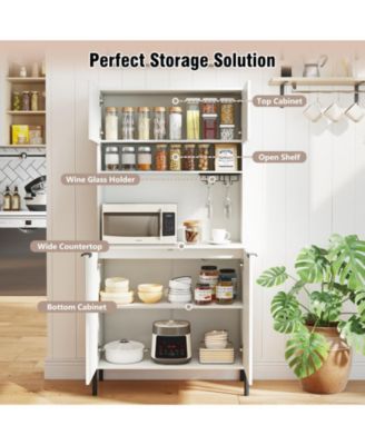 Tall Kitchen Pantry Cabinet with Charging Station and Rack