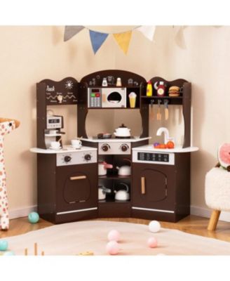 Corner Wooden Play Kitchen with Coffee Machine and Slide for Kids.