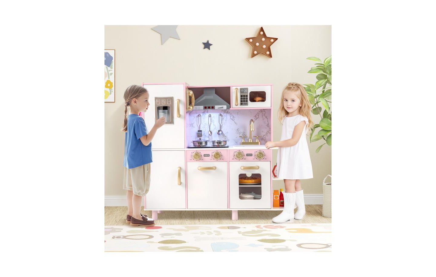 Детский игровой набор HONGGE Wooden Kitchen Playset with Ice Maker, Ages 3+, цвет: Розовый — фото 3
