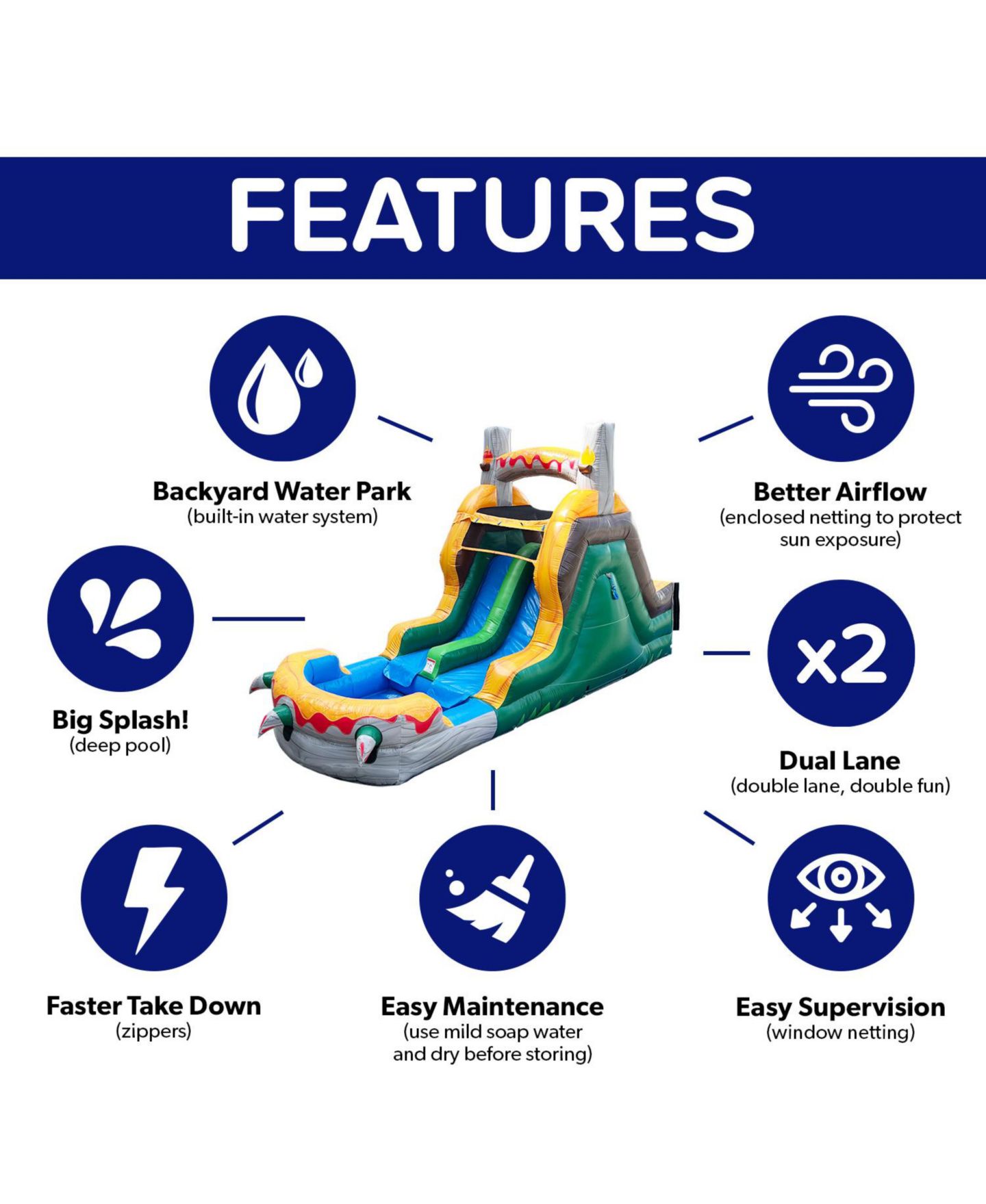 Детская игрушка HeroKiddo T-Rex Adventure 12 Tall Dual Lane Backload Inflatable Water Slide with Attached Pool, Dinosaur Theme, for Kids and Adults, Commercial Grade — фото 9
