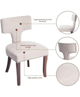 Modern Wooden Dining Chairs Set of 2 - Linen Upholstered Kitchen Chairs with Curved Backrest, Copper Nails for Dining Room