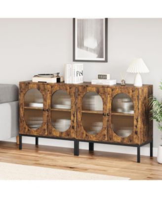 Set of 2 Sideboards with Fluted Glass Doors, 31.5" Wide Buffet Cabinet with Adjustable Shelves & Metal Legs, for Entryway, Living Room & Dining
