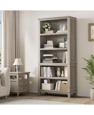 71" Farmhouse Bookcase w/Adjustable Shelves & 31.5" Width, 5 Tier Tall Bookshelf with Wooden Legs, Rustic Vintage Book Shelf for Living Room