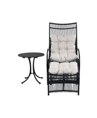 3 Piece Wicker Outdoor Patio Furniture Set with Lounge Chair Ottoman Side Table Cushions for Garden Deck Porch