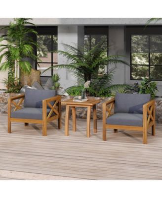 2 Piece Outdoor Acacia Wood Conversation Set with Armchairs Cushions Teak Finish End Table for Backyard Patio Poolside