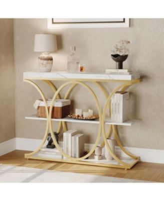 39" Narrow Console Table for Entryway, Industrial 3-Tier Sofa Table, Round Metal Base, Storage Shelves