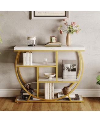 Modern 39" Console Table, 4-Tier Narrow Entryway with Storage Shelves, Marble Top, Metal Geometric Frame