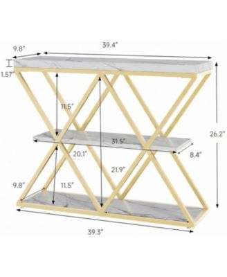 Industrial 3-Tier Console Table with Open Storage, X-Frame Metal, Narrow Sofa Table