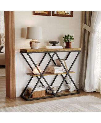 Industrial 3-Tier Entryway Table, Double X Metal Frames, 2 Storage Shelves, Rustic Wood, Living Room or Hallway