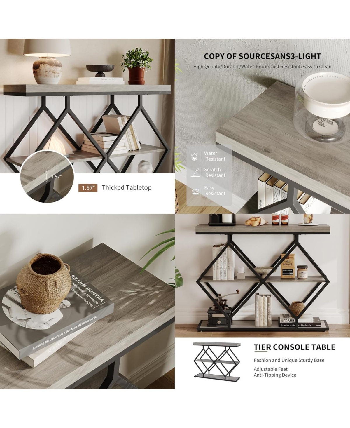 gaomon 3-Tier Entryway Table, Industrial Console Sofa Table, Open Storage Shelves, Diamond Metal Frame