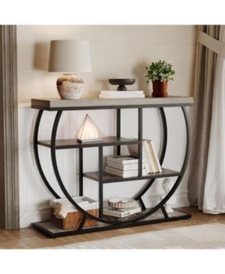 39" Farmhouse Entryway Table with Storage, 4-Tier Wooden Console, Metal Geometric Frame, Space-Saving