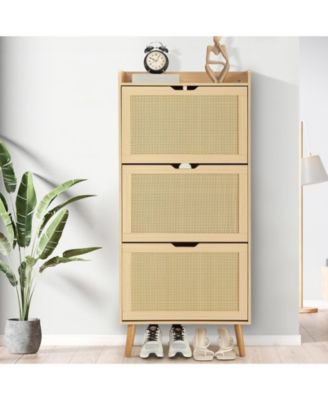 Shoe Cabinet for Entryway, Rattan Storage Organizer with Flip-Drawer and Anti-Tip Design, Shoe Storage Cabinet - Holds 15-20 Pairs of Shoes