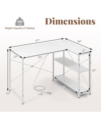 47 in Reversible L Shaped Corner Desk with Adjustable Shelves