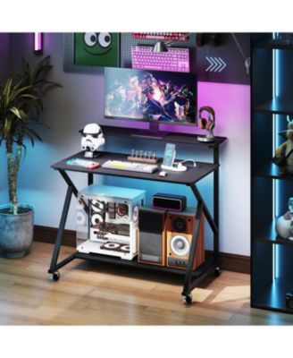 Rolling Computer Desk with Charging Station and Monitor Shelf