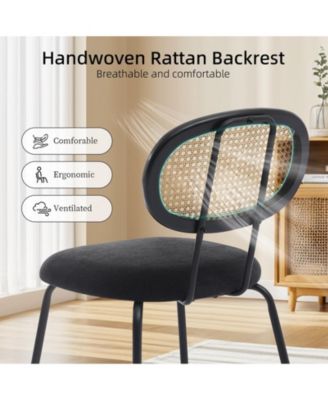 Set of 2 Mid-Century Rattan Dining Chairs with Velvet Upholstered Seat and Sturdy Metal Legs