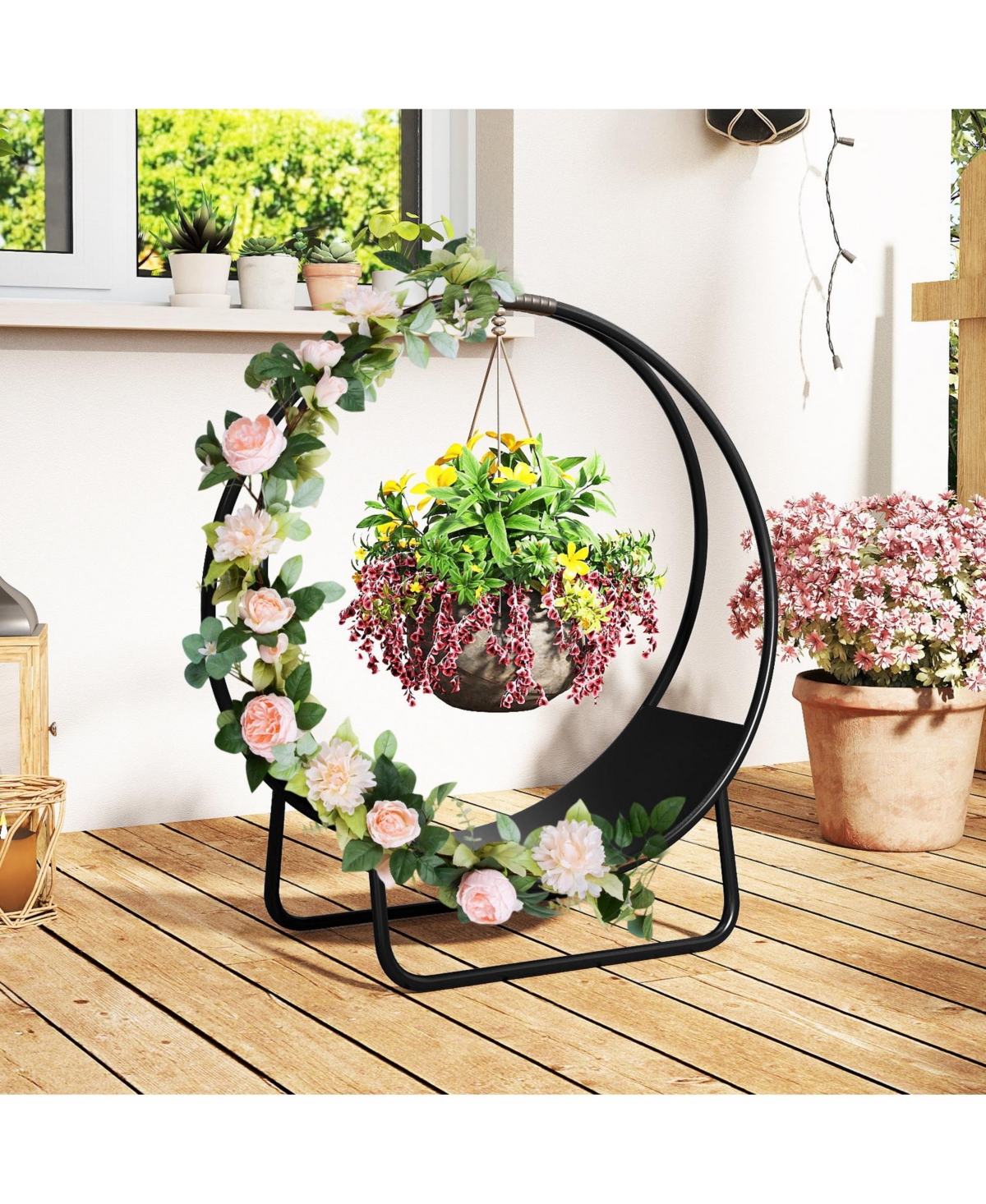 Sugift Firewood Log Hoop 20 Inch Round Heavy-duty Metal Curved Log Rack with Stand