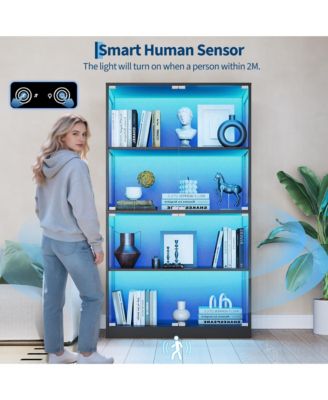Glass Display Cabinet 4-Tier, Curio Cabinets with Glass Doors, Storage Cabinet with 3 Color Lights, Human Body Sensor & Charging Ports