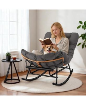 Papasan Rocking Chair with Removable Polyester Cushion, Extendable Footrest, Cozy Rattan Rocker for Porch, Lawn