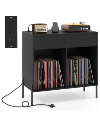 Record Player Stand with Power Outlets Double Wide Turntable Stand Vinyl Record Storage Table