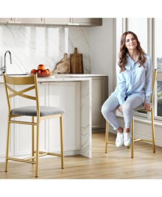Set of 4 Gold 22" Bar Stools, Counter Height, PU Upholstered Seat, Metal Frame, X-Back, for Kitchen Island, Dining Room