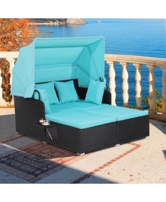 Patio Hand-Woven PE Wicker Daybed Outdoor Loveseat Sofa Set w/ Cushions